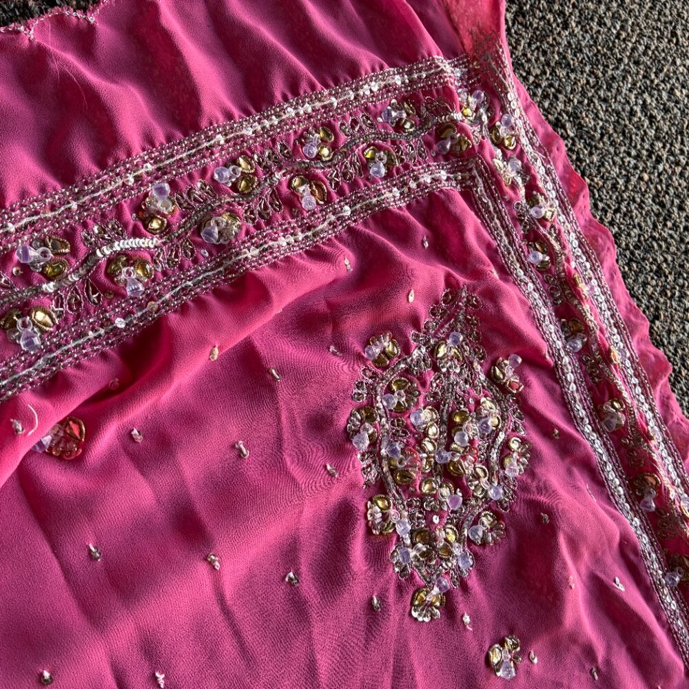 Elegant Pink Chiffon Sari with Clear Beads and Yellow Rhinestones - Picture 3 of 6